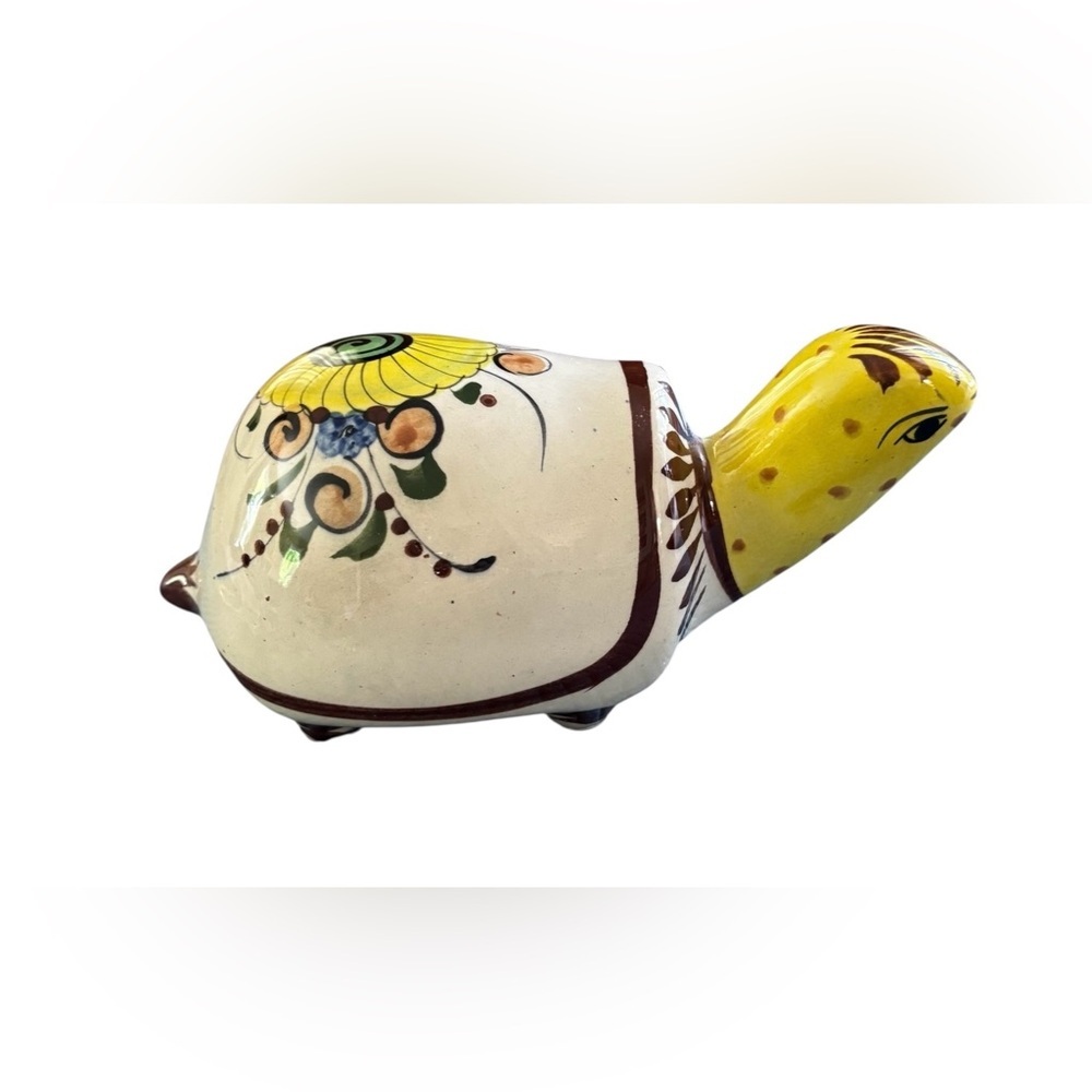 Mexican Hand Painted Tonala Pottery TURTLE  Folk Art Figurine SIGNED Flowers